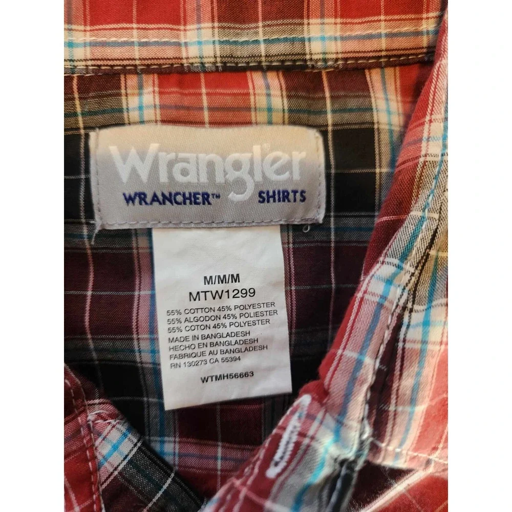 Wrangler Wrancher Shirt Mens M Red Plaid L/S Pearl Snap Flannel Pockets‎ Western